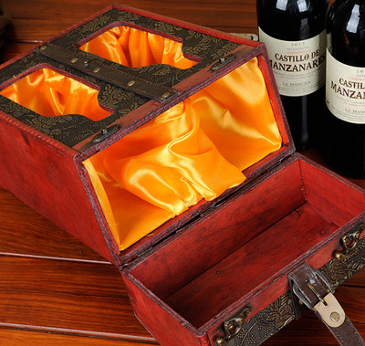 批发定做精品红酒木盒礼品木质仿古镂空双支葡萄酒礼盒复古皮盒